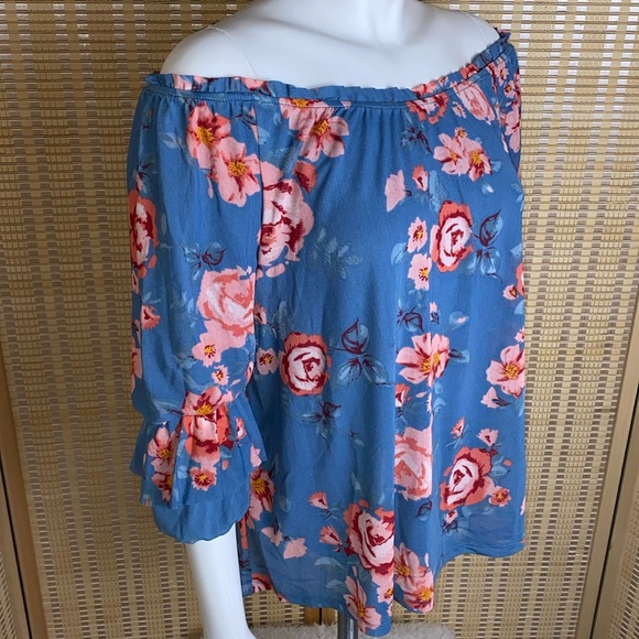🔶Democracy 3/4 Pick-Up Sleeve Floral Blue Off The Shoulder Mesh Stretch Top NWT - Picture 3 of 5